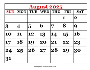 printable 2025 August calendar