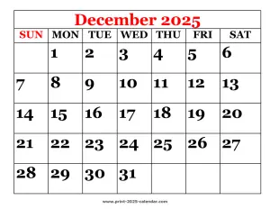 printable 2025 December calendar