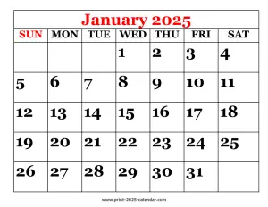 printable 2025 January calendar