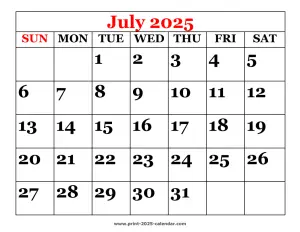 printable 2025 July calendar