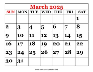 printable 2025 March calendar