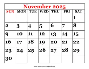 printable 2025 November calendar